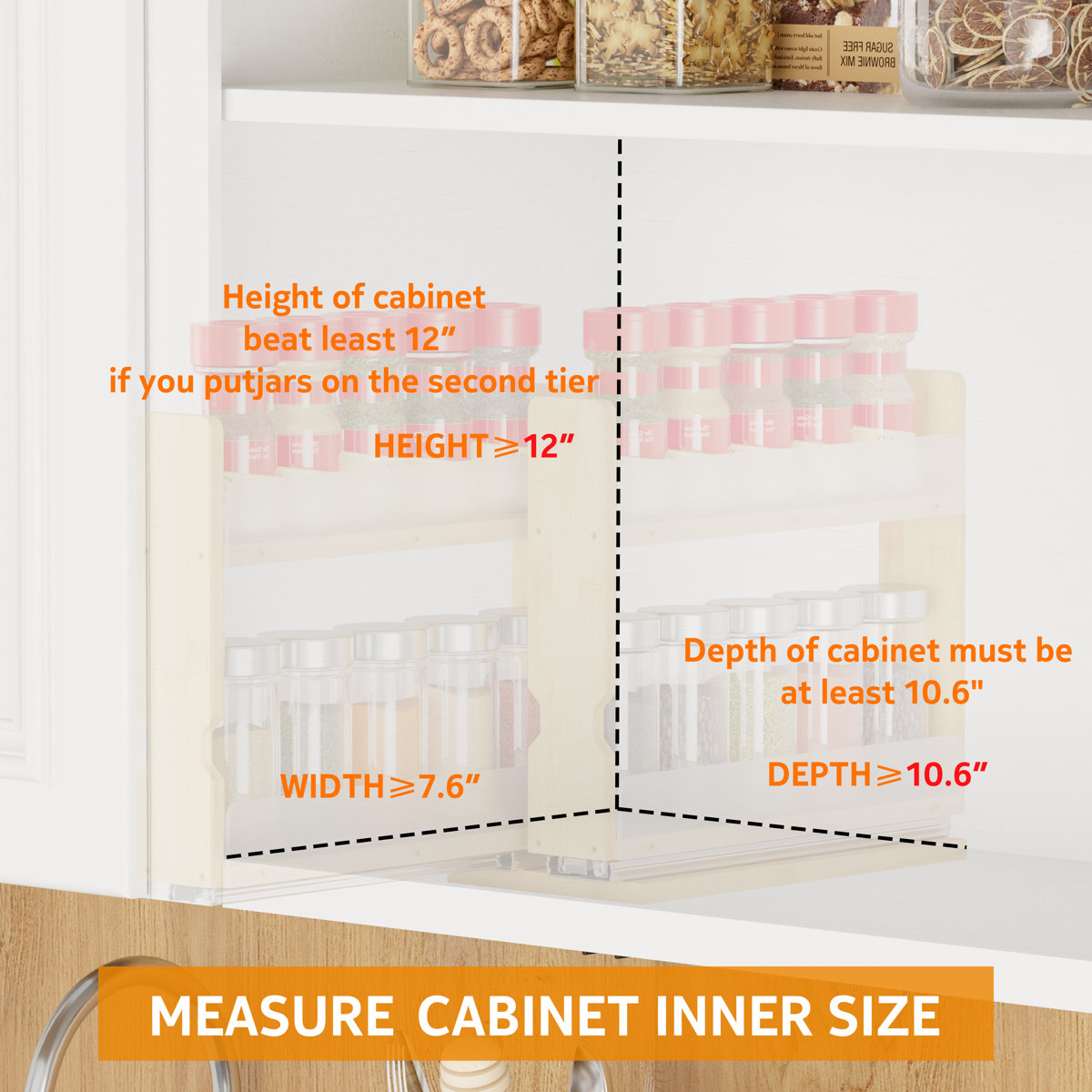 Bamboo Pull-out Spice Rack Organizer — Heavy Duty Sliding Cabinet Pantry — 5.1" W, 2-tier, 2 Drawers (2" Wide), Natural